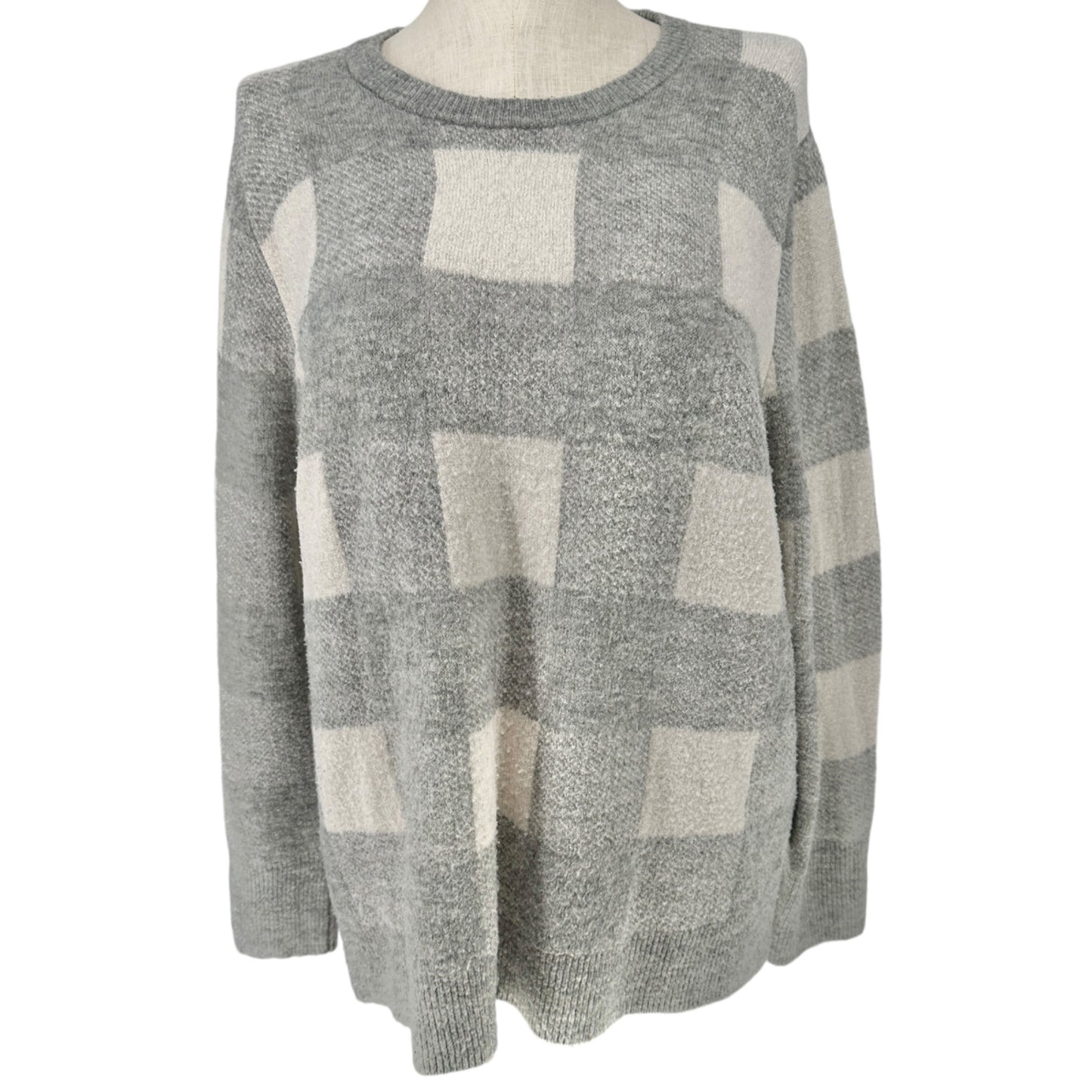 Old Navy Sweater Womens XXL Gray White Plaid LS Super Soft Acrylic/Nylon Blend