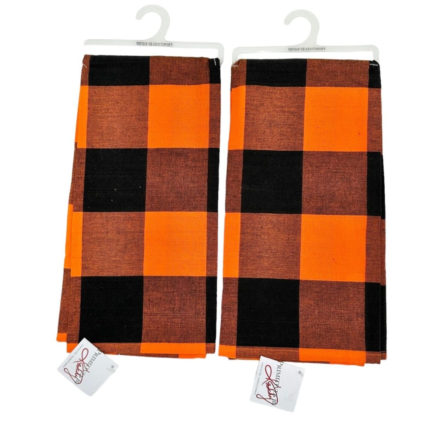Primitives by Kathy Dish Towels 20x28 Orange Black Plaid Fall Halloween NWT
