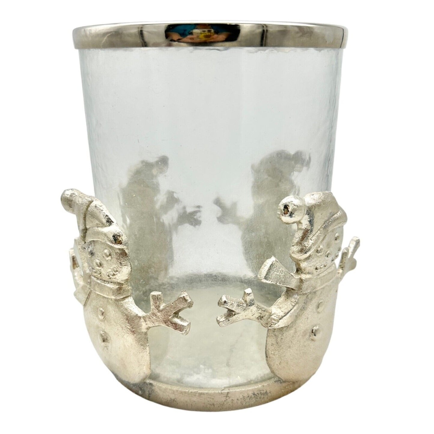 Large Snowman Pillar Candle Holder Pewter and Glass 8 x 6 in Holds 3x3 Candle