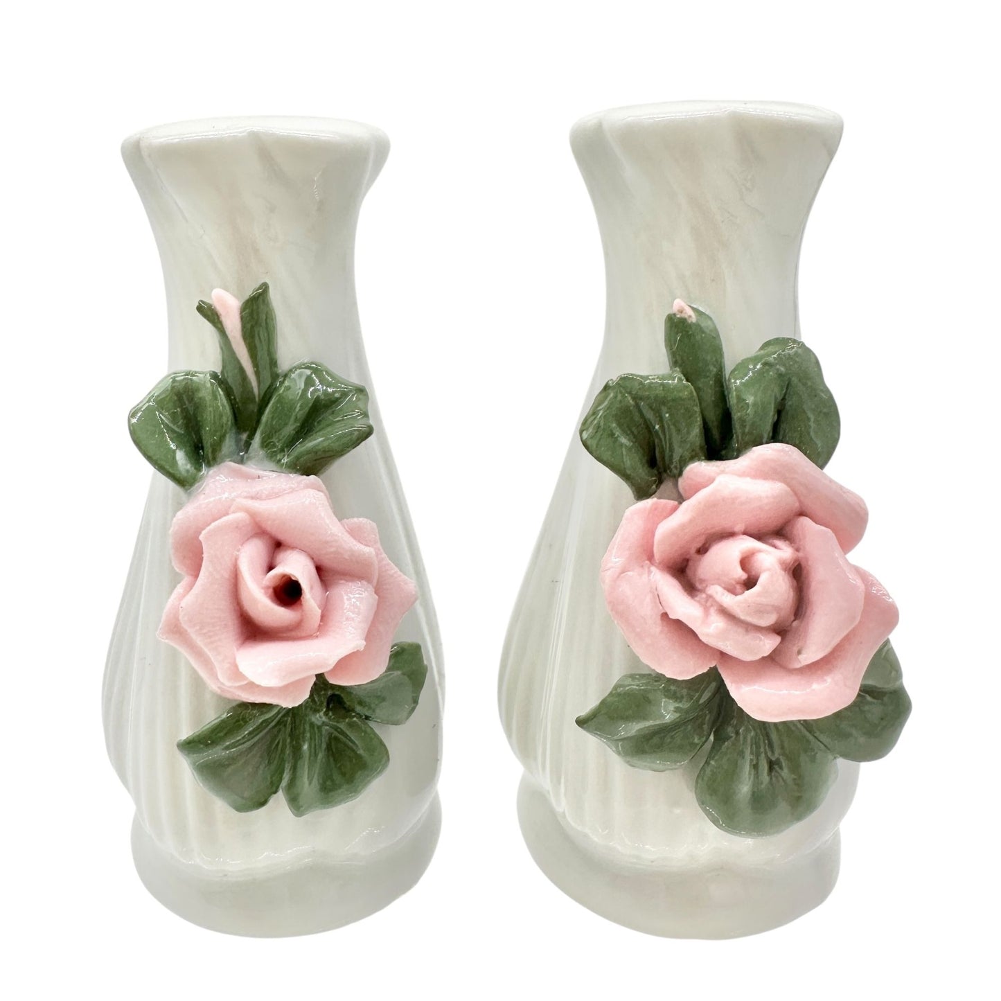 Ceramic Floral Salt and Pepper Shakers White with Pink Roses and Green Leaves