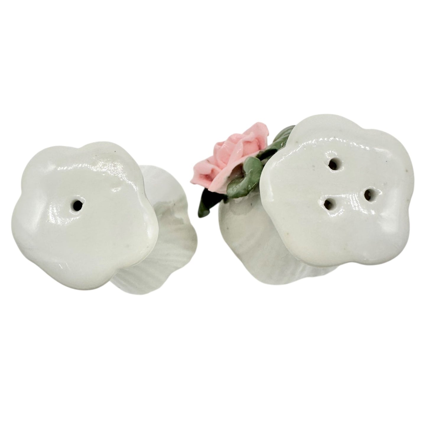 Ceramic Floral Salt and Pepper Shakers White with Pink Roses and Green Leaves