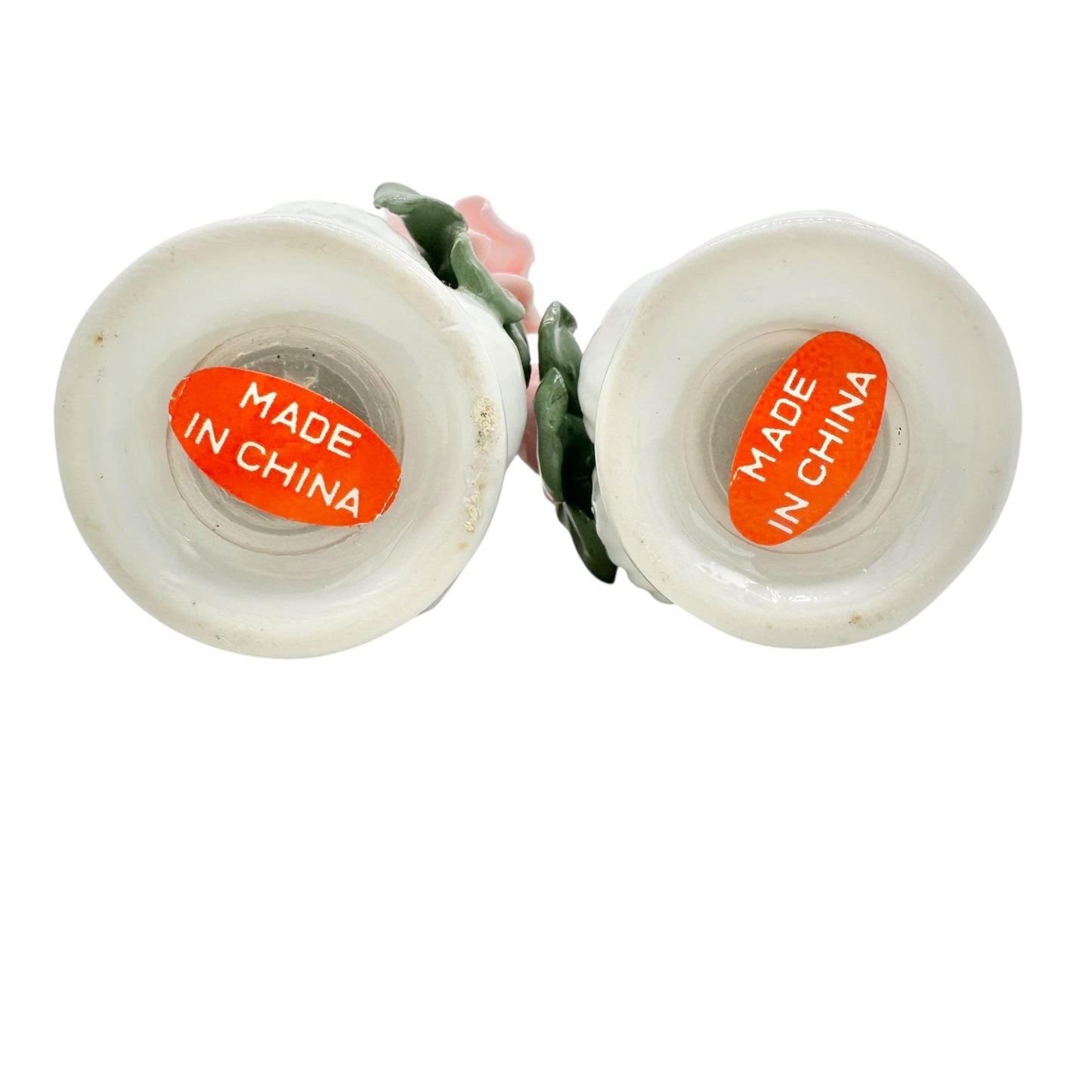 Ceramic Floral Salt and Pepper Shakers White with Pink Roses and Green Leaves