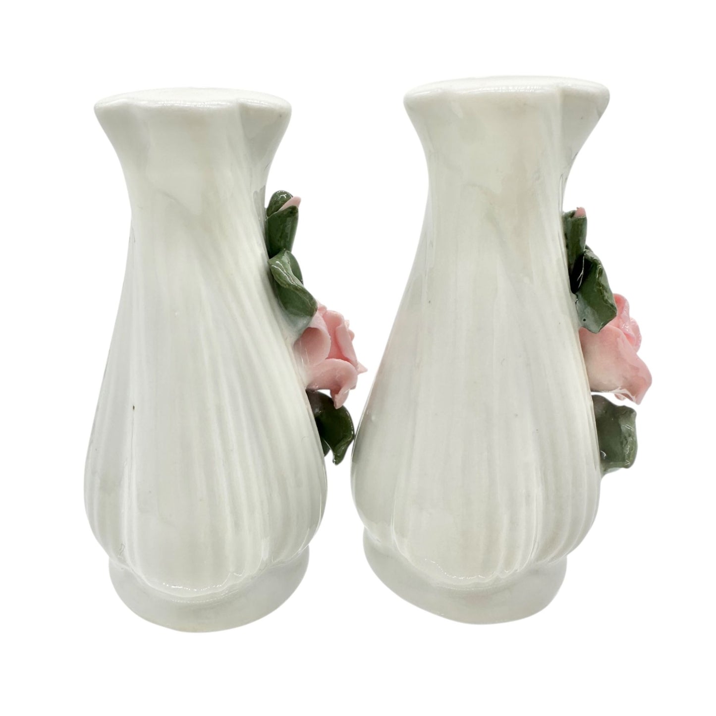 Ceramic Floral Salt and Pepper Shakers White with Pink Roses and Green Leaves