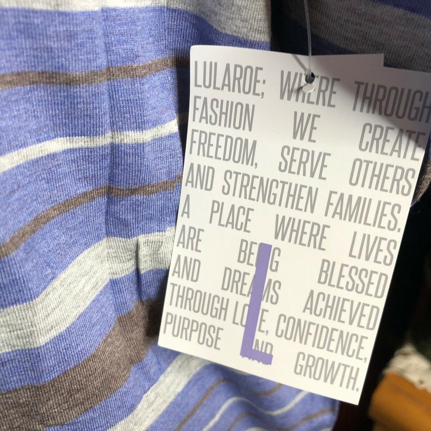 LuLaRoe RETIRED Irma Women's Large Gray & Blue Stripes mid-length sleeves NWT