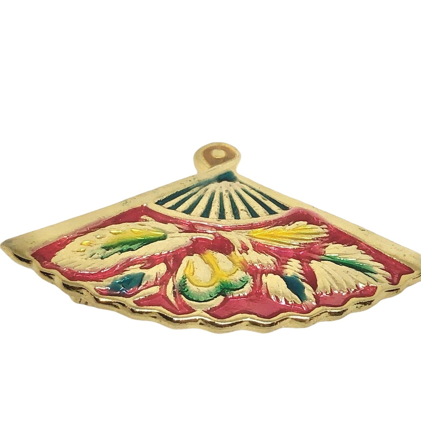 Vintage Cloisonné Gold Tone Fan Brooch Pin Red Yellow Blue Leaves Pin Back