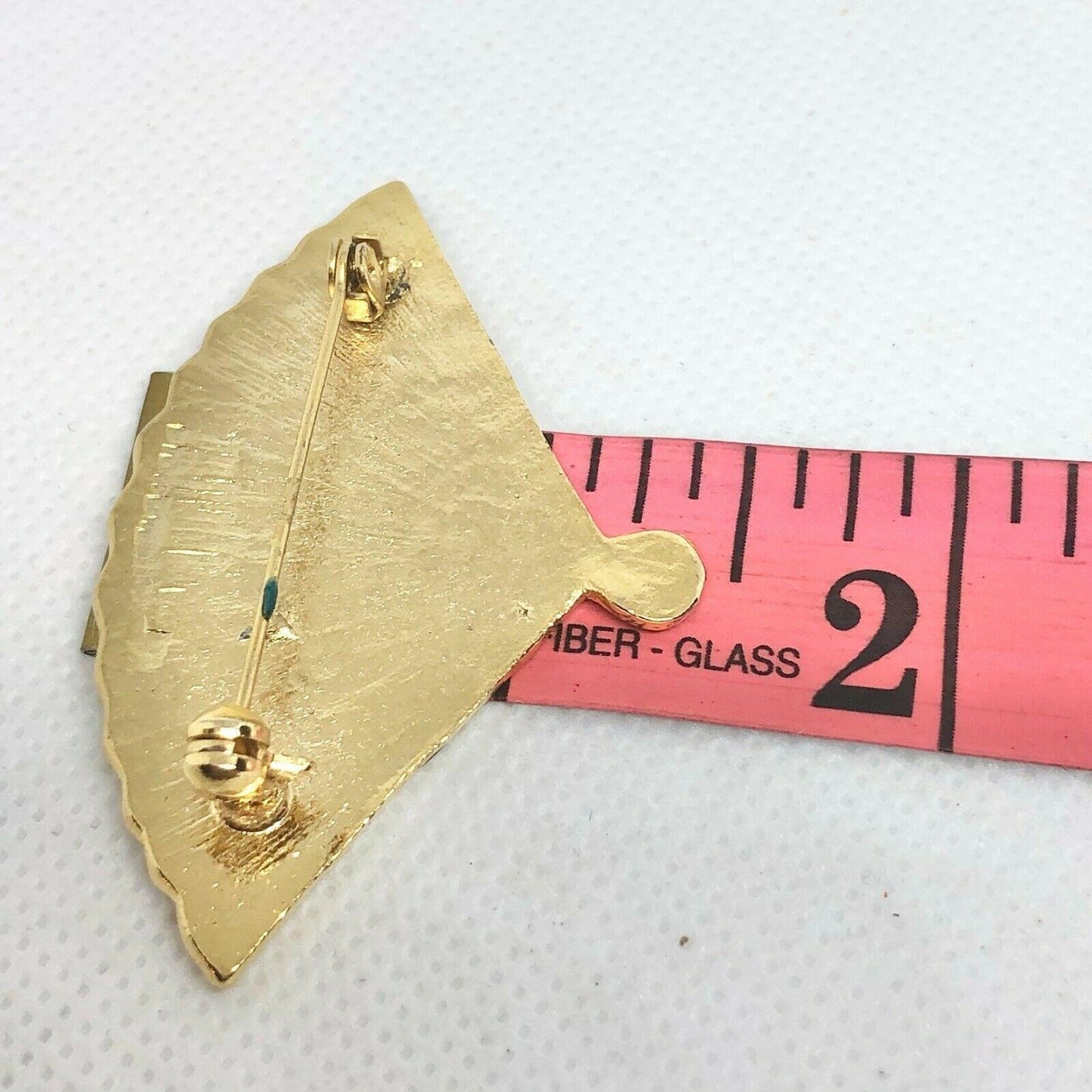 Vintage Cloisonné Gold Tone Fan Brooch Pin Red Yellow Blue Leaves Pin Back