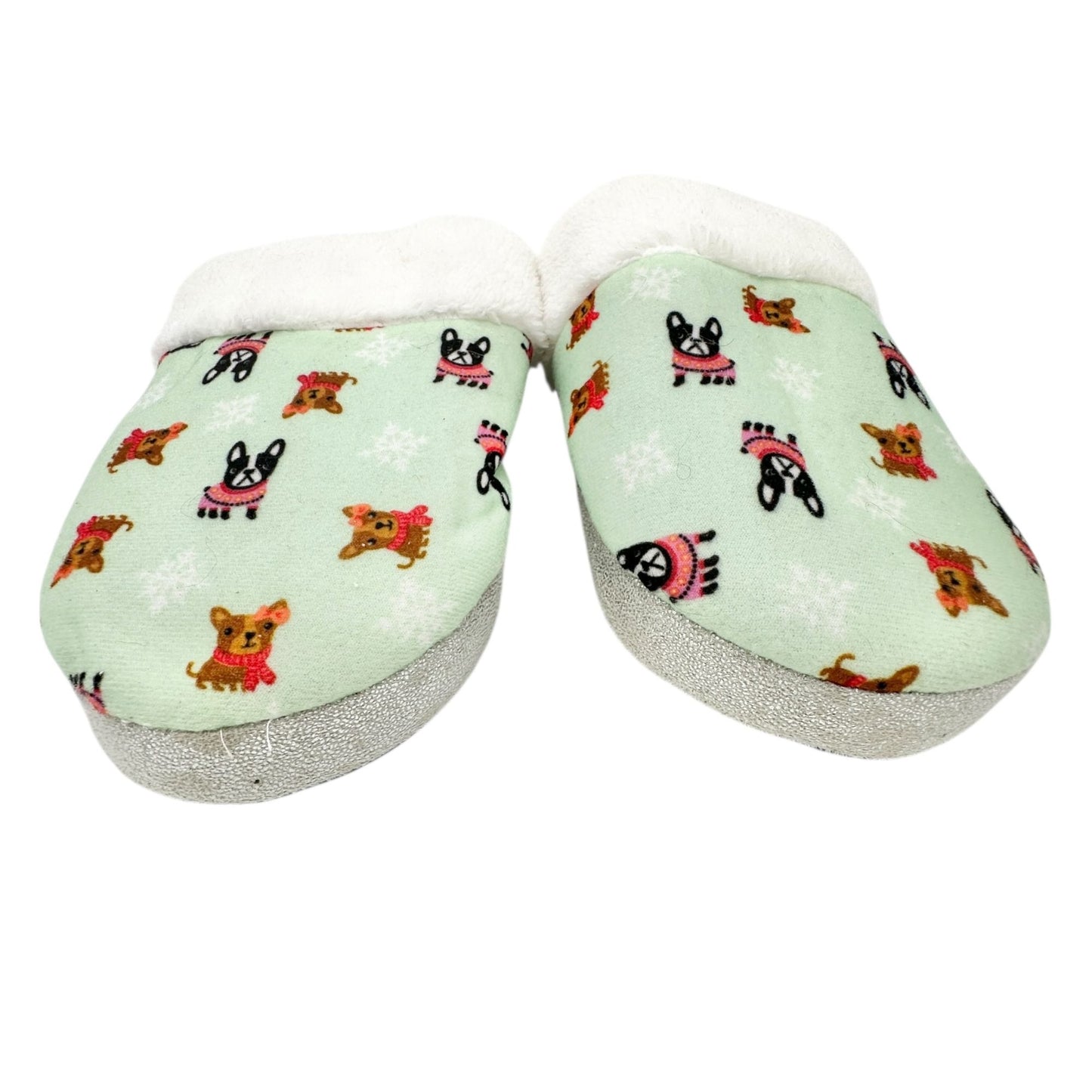Joe Boxer Womens Faux Fur Slippers Mint Green French Bulldog Print Size 9/10
