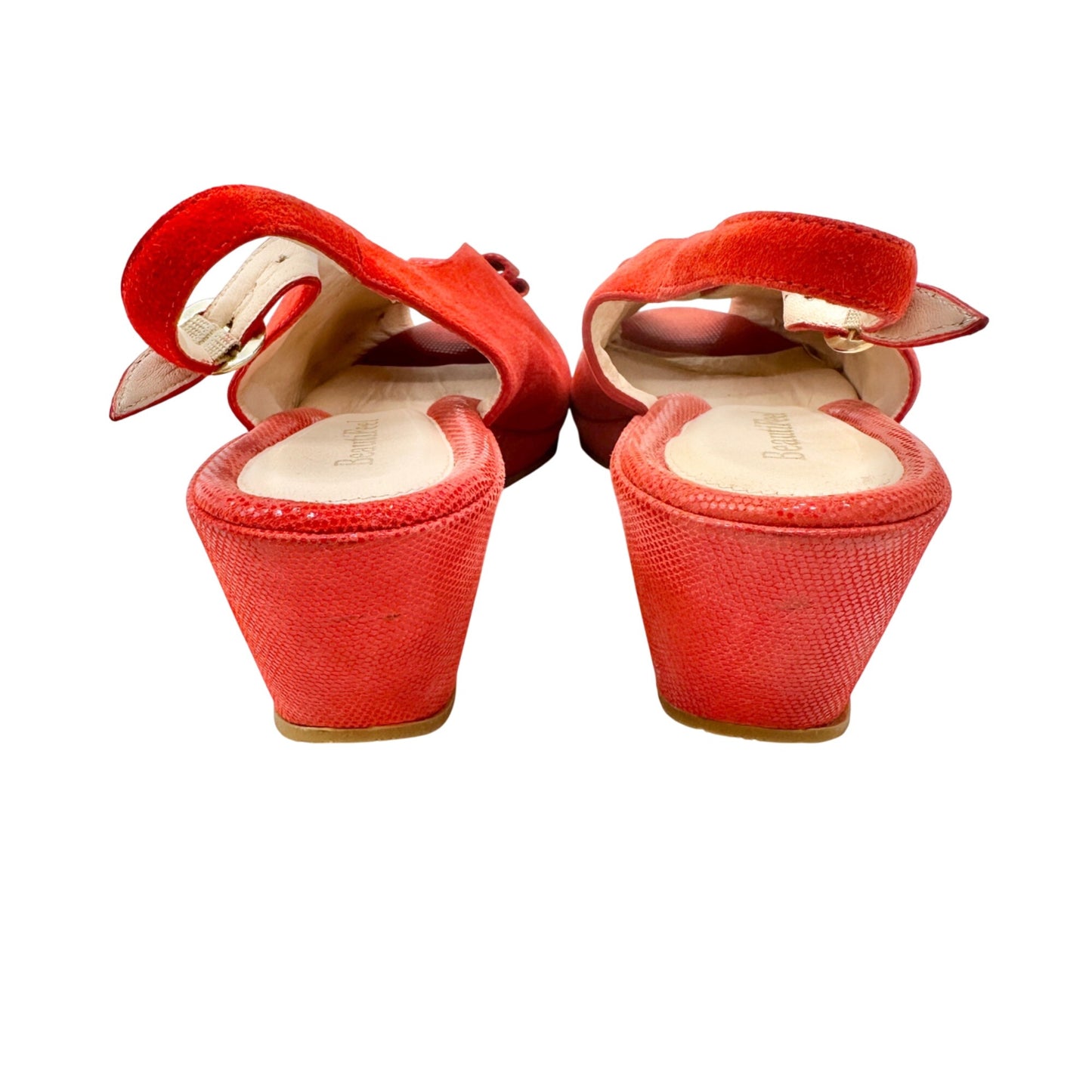 BeautiFeel Red Suede Slingback Peep Toe Wedge Sandals Size 39 US 8.5 Bow Accent