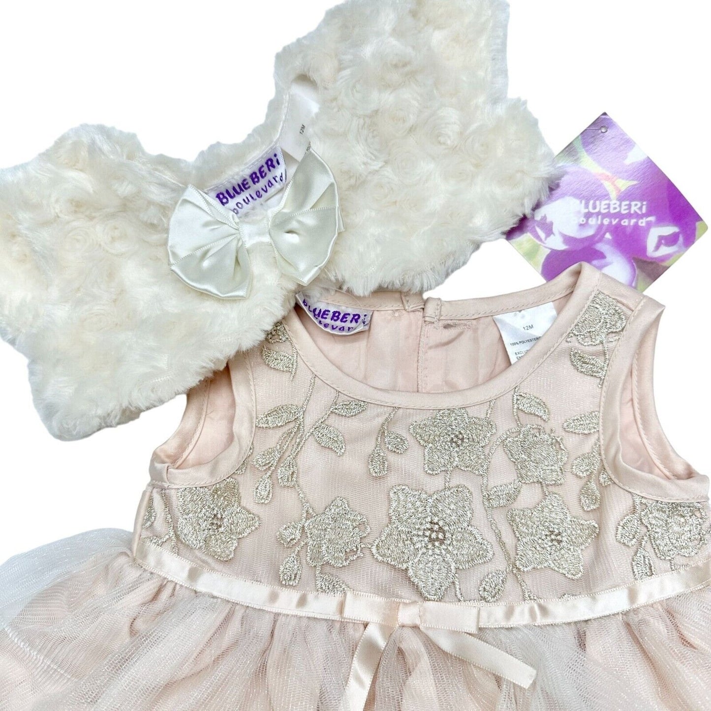 Blueberi Boulevard Child's 2-PC Dress Size 12M Blush Gold Embroider Flowers NWT