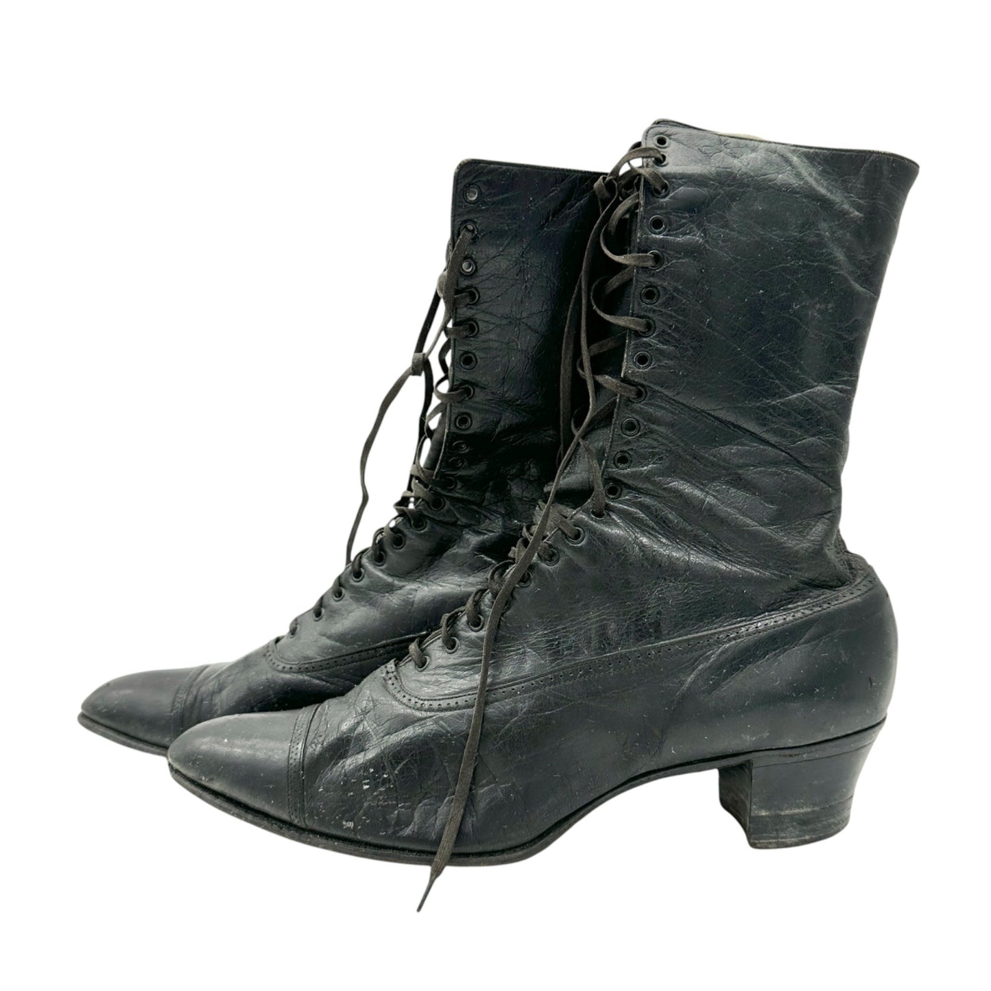 Vintage Queen Quality Black Leather Lace Up Victorian Boots Timeless -Sole 10”L