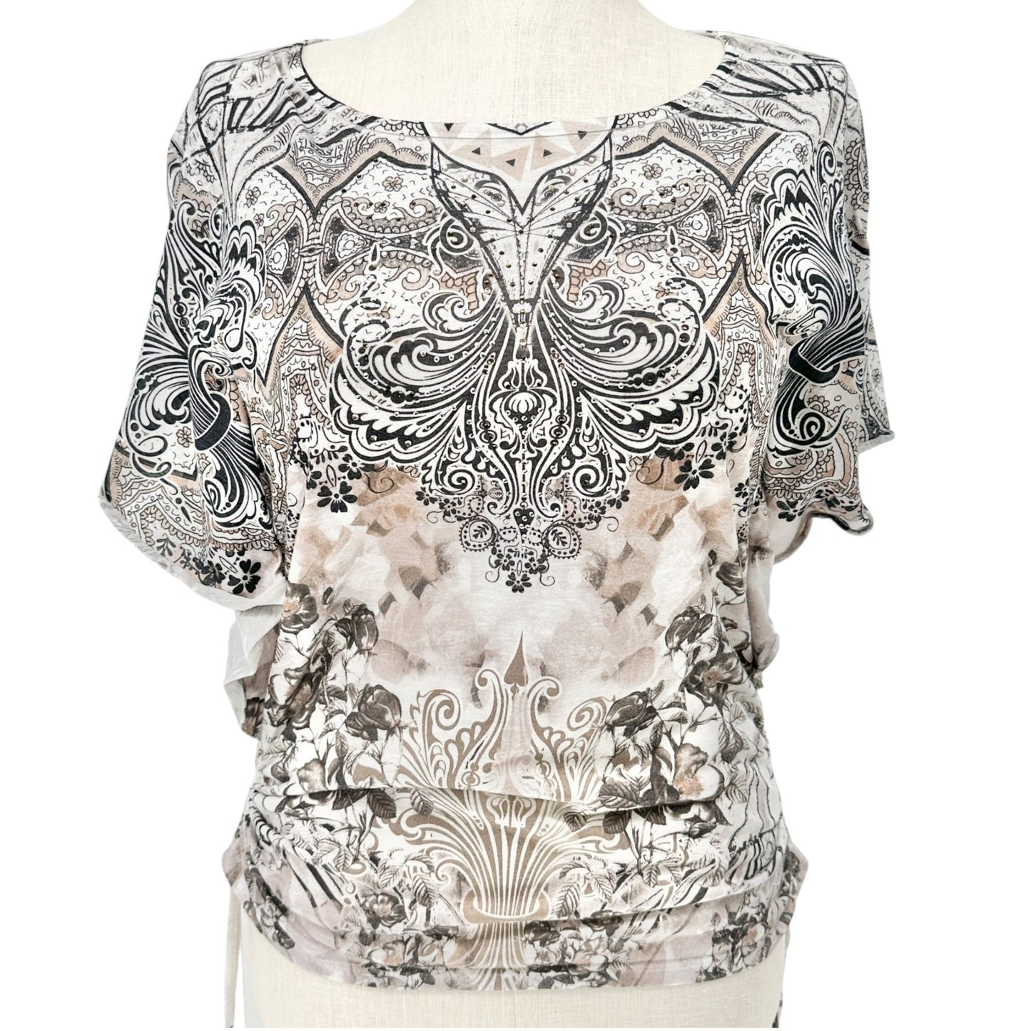 Womens M Boho Paisley Floral Print Top SS Ruched Sides Lightweight by Style & Co