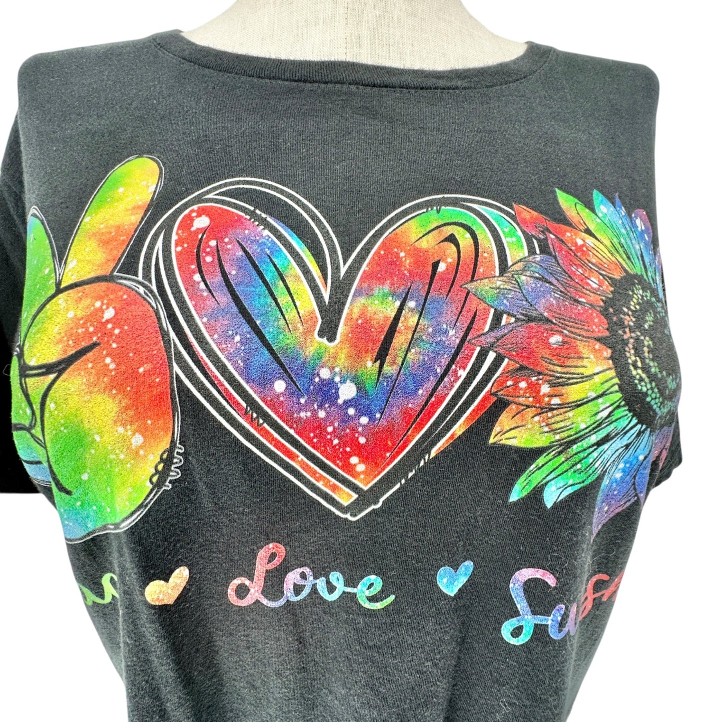 Peace Love Sunflower Graphic Womens T-Shirt 3XL Cotton Black Top Port & Company