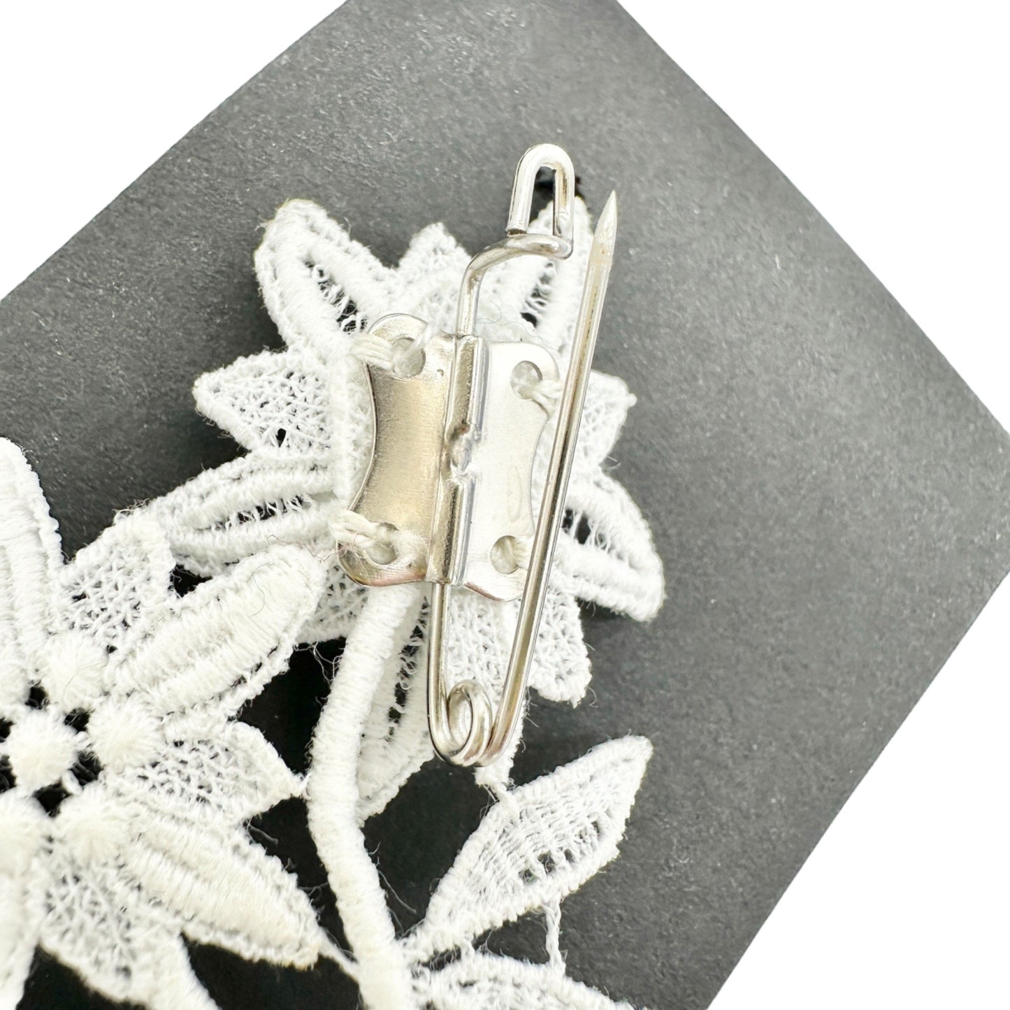 Swiss-Made Edelweiss Lace Brooch Pin All Cotton Floral Design 2 x 2.5 Inches