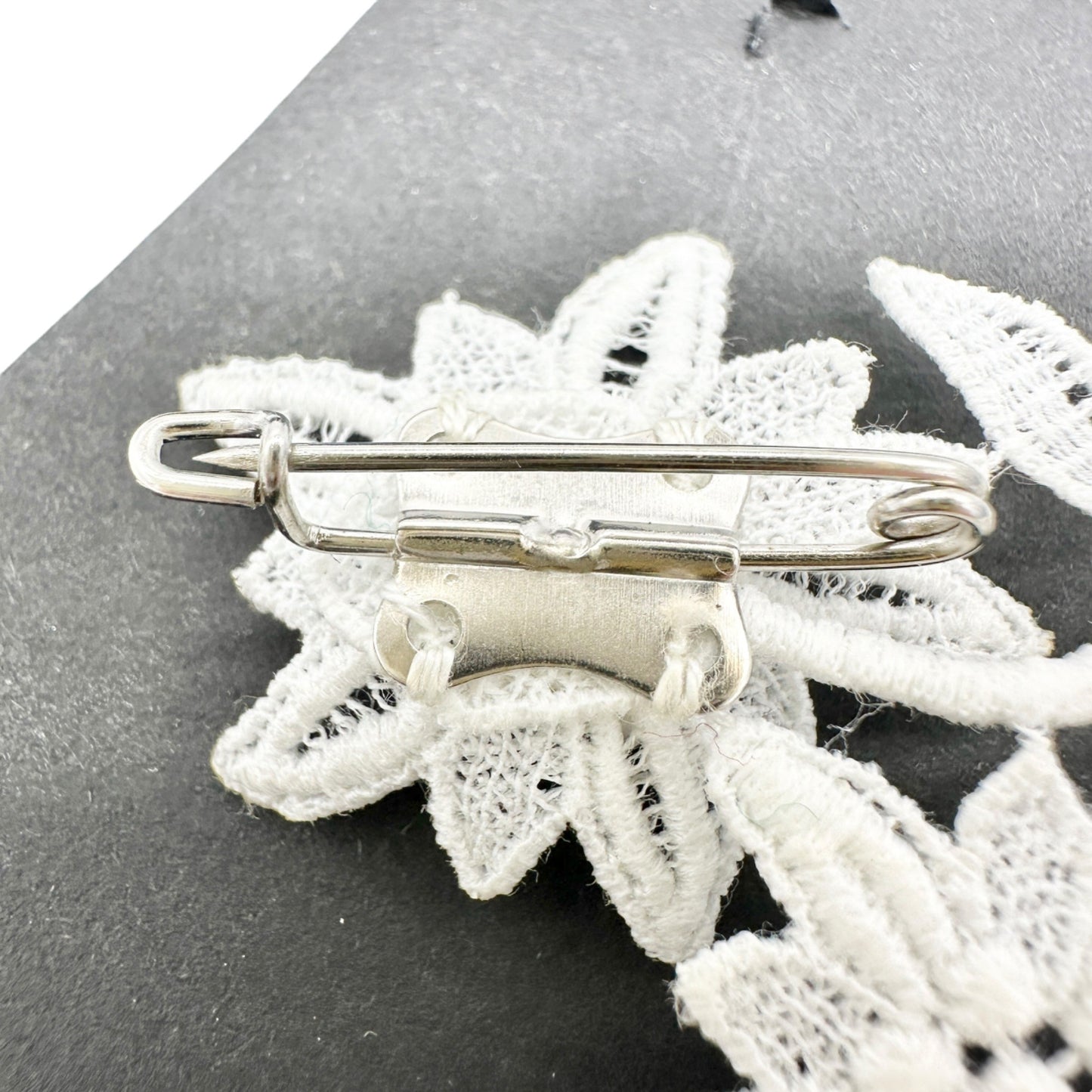 Swiss-Made Edelweiss Lace Brooch Pin All Cotton Floral Design 2 x 2.5 Inches