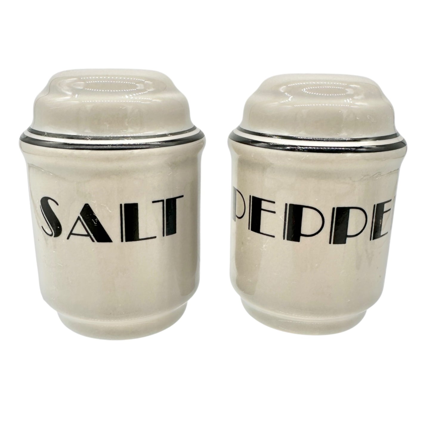 Vintage Art Deco Ceramic Salt and Pepper Shakers Gray w Black Stripes Lettering