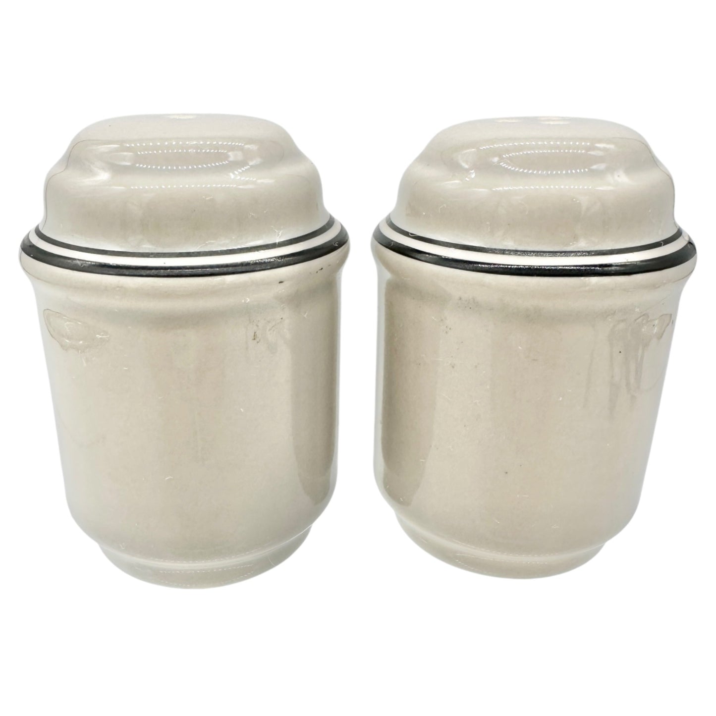 Vintage Art Deco Ceramic Salt and Pepper Shakers Gray w Black Stripes Lettering