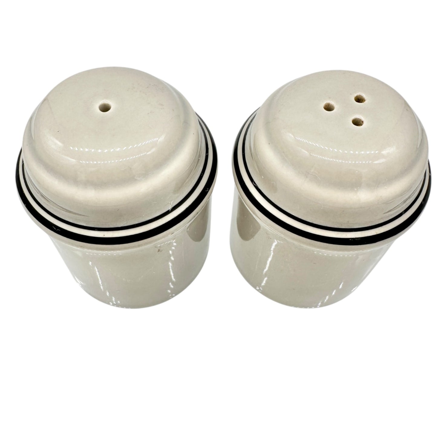 Vintage Art Deco Ceramic Salt and Pepper Shakers Gray w Black Stripes Lettering