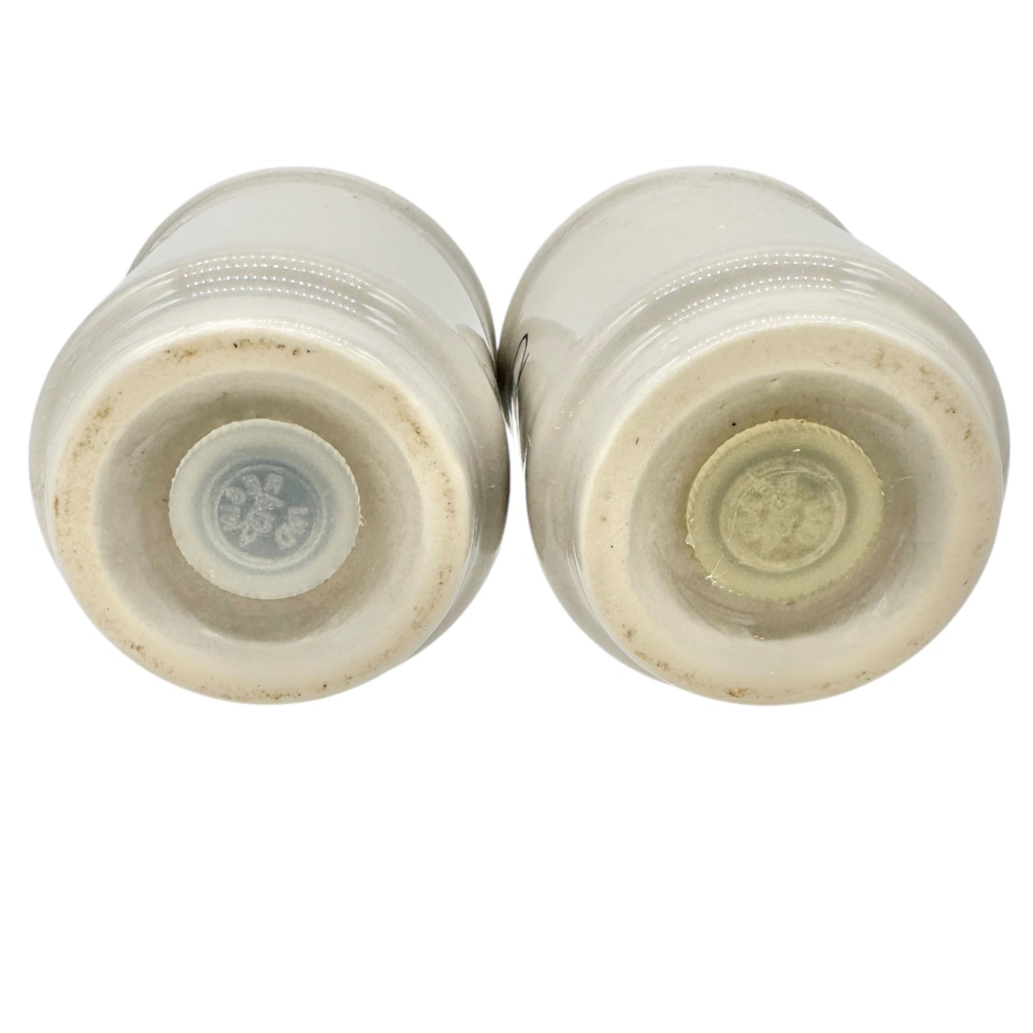 Vintage Art Deco Ceramic Salt and Pepper Shakers Gray w Black Stripes Lettering