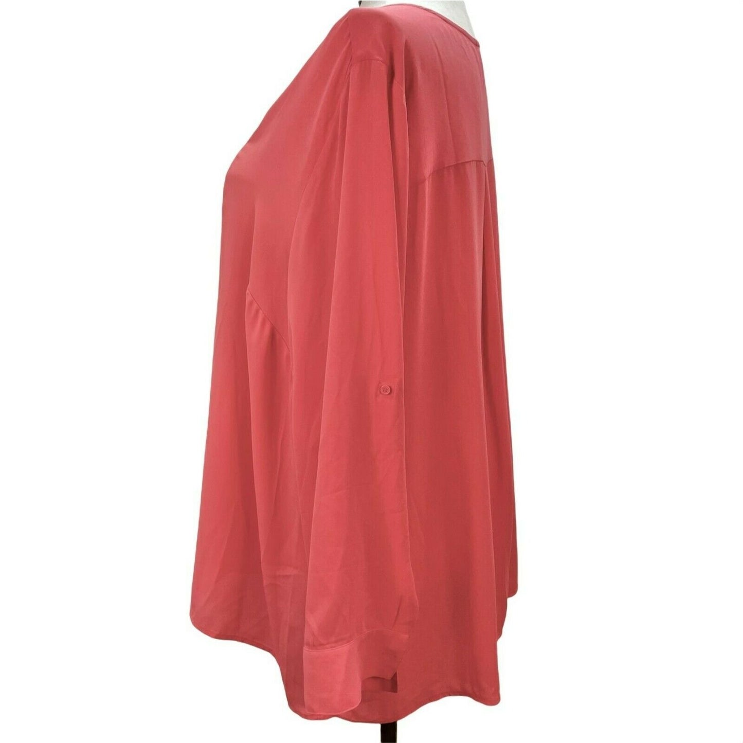 Lane Bryant 26/28 Peach Semi Sheer Crew V-Neck Blouse Roll Tab Sleeves
