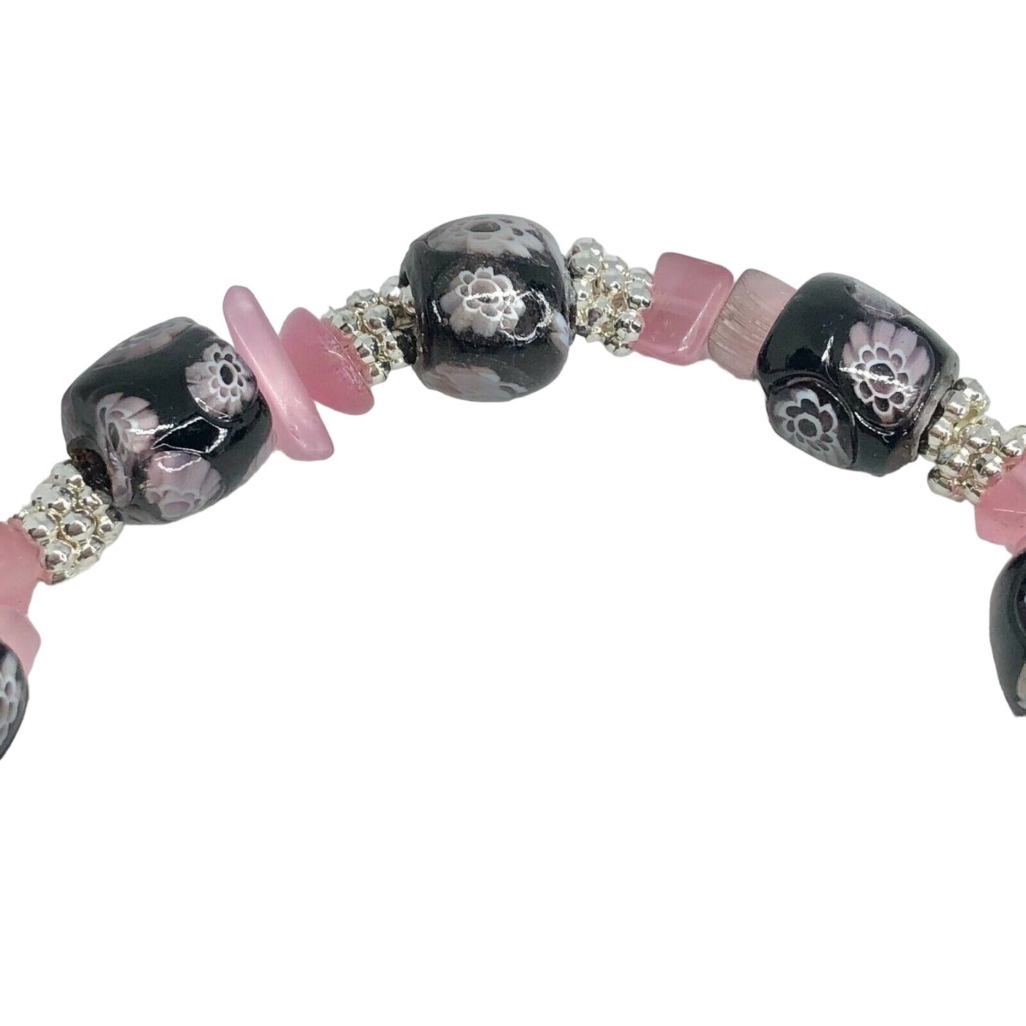 Handcrafted Beaded Bracelet Black Floral Pink Silver Beads Unique Fun NEW
