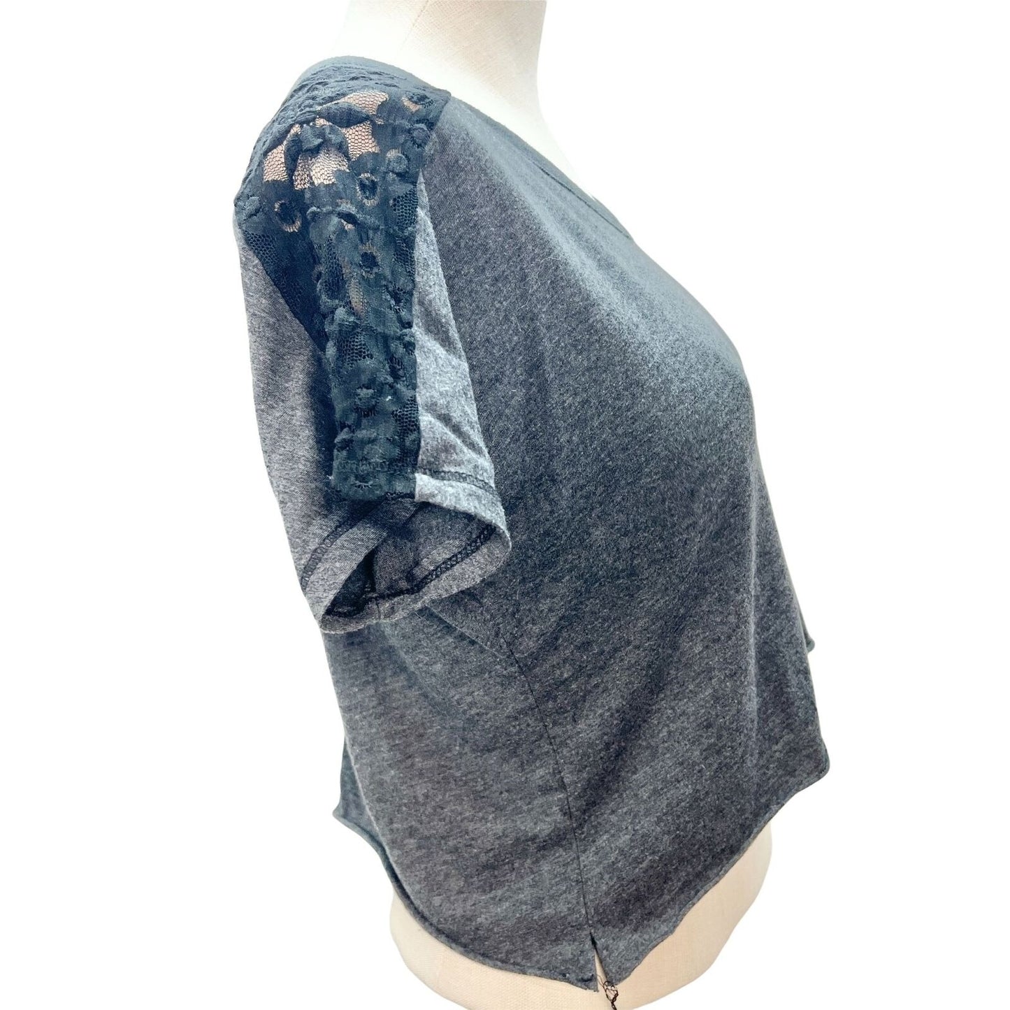 To Love Womens 12 Short Sleeve Gray Cut Off Shirt Black Lace Shoulders