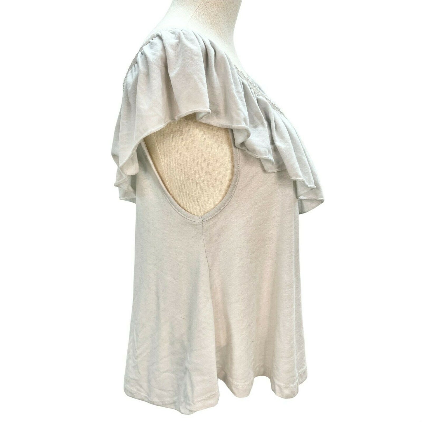 Women's Large Light Gray Sleeveless Top with Lace Neck Trim Ruffle Collar
