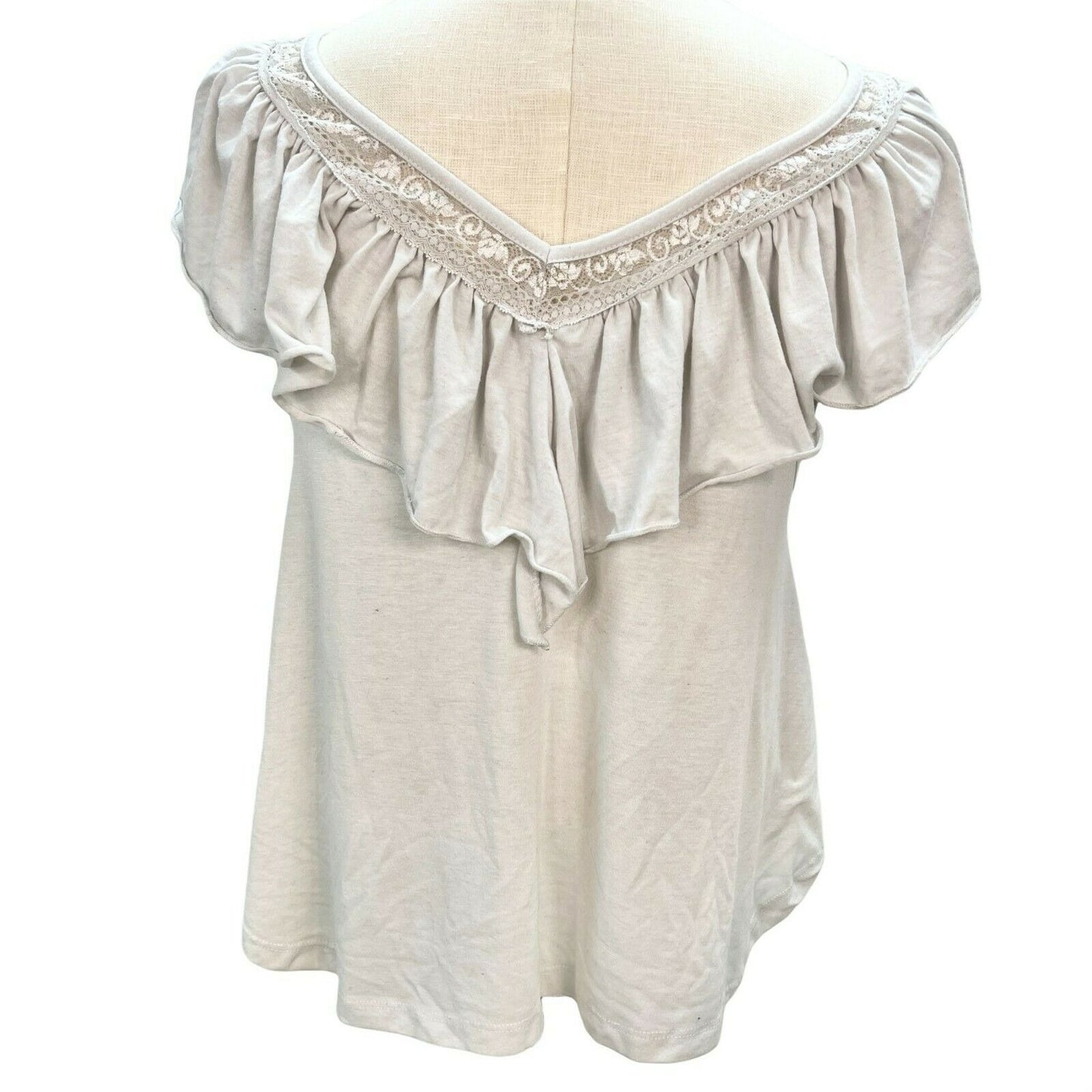 Women's Large Light Gray Sleeveless Top with Lace Neck Trim Ruffle Collar