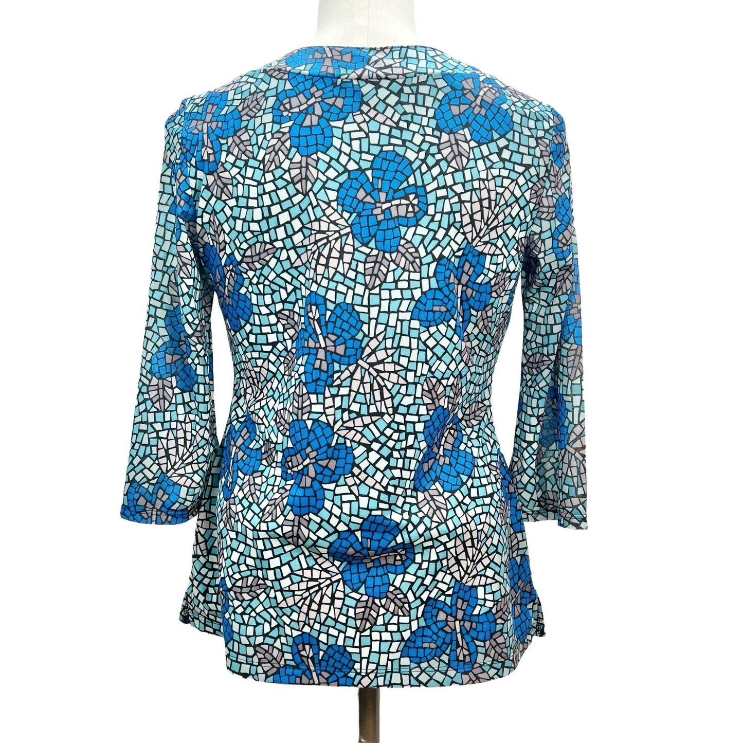 R.Q.T. Petite Top Women's Petite Small Blue Gray Patterned 3/4 Sleeve