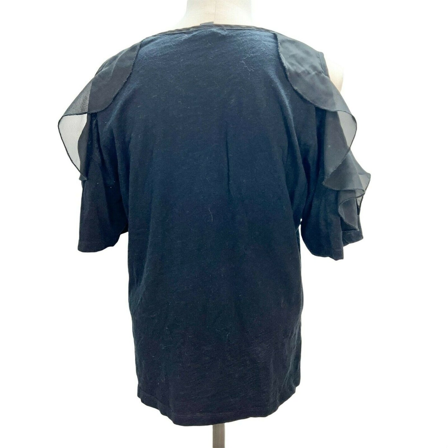 Forever 21 Women's Medium Black Cold Shoulder Short Sleeve T-Shirt Chiffon Trim