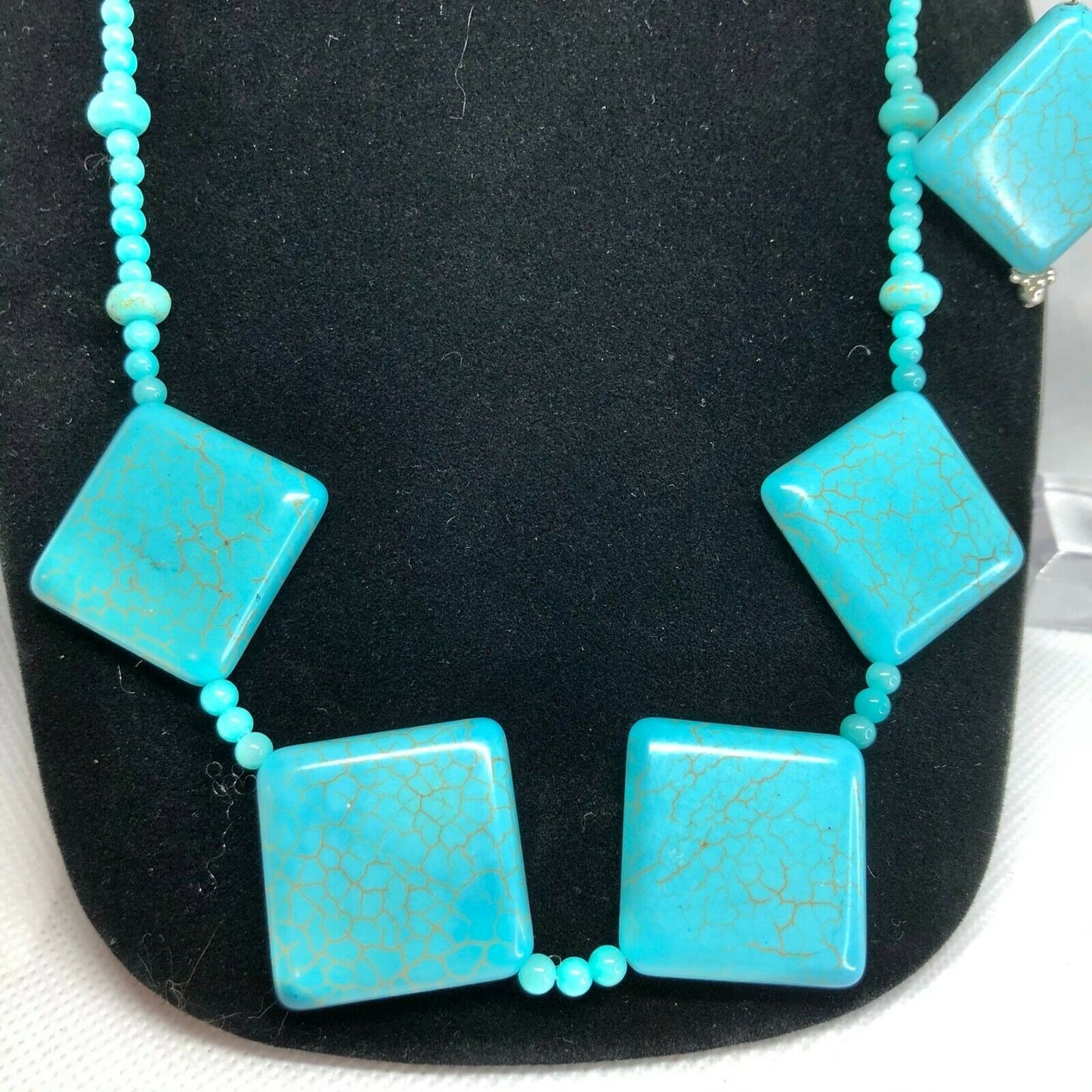 Turquoise Blue Necklace & Earrings Set Square Beads Silvertone Boho Jewelry