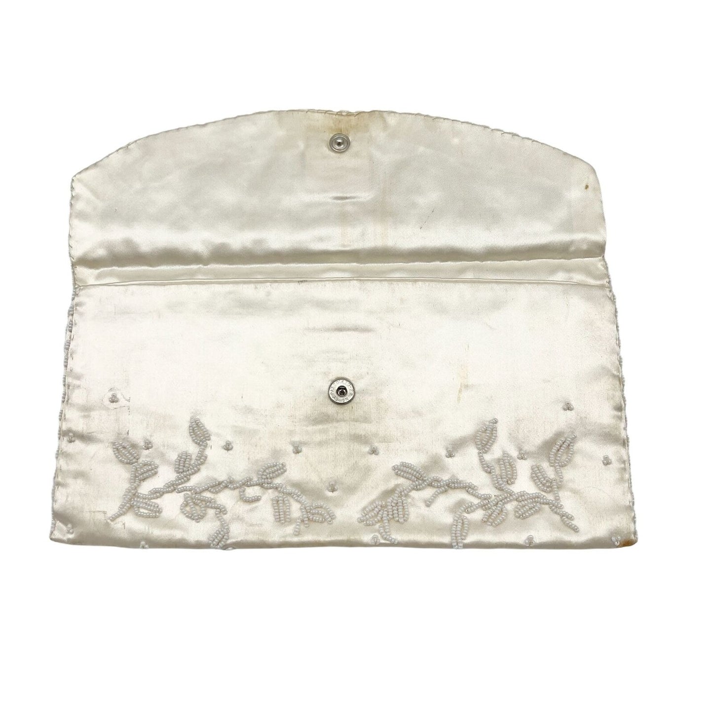 Vintage Purse Ivory 9.5 x 4.5 Clutch Hand Beaded Snap Closure Inside Pocket