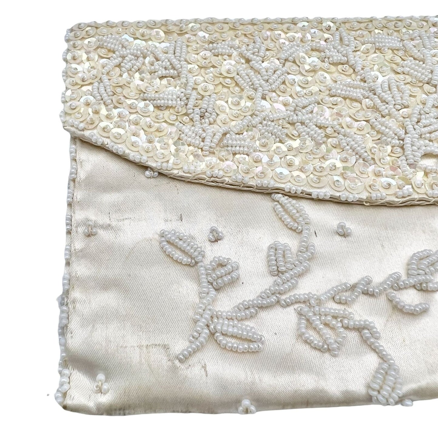 Vintage Purse Ivory 9.5 x 4.5 Clutch Hand Beaded Snap Closure Inside Pocket