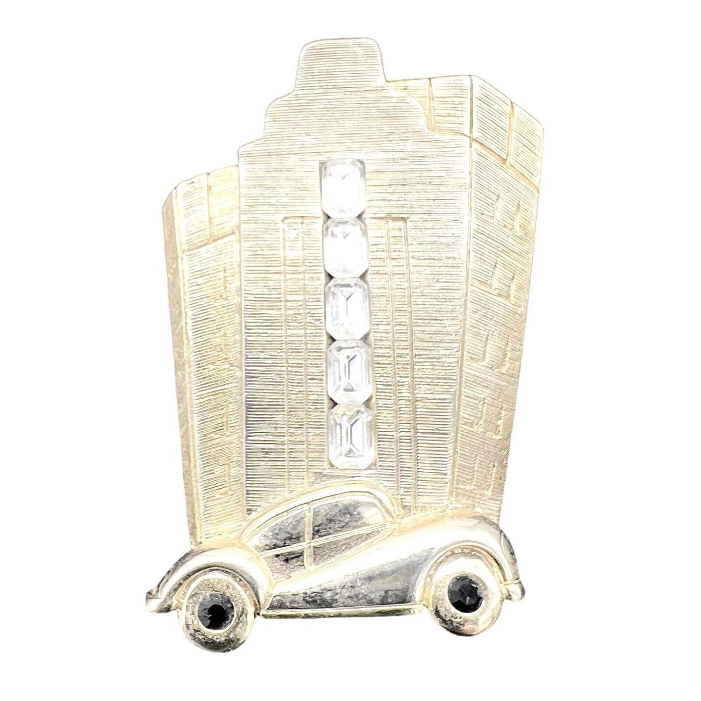 Vintage Brooch Pin 2.5 Inch Goldtone Art Deco Building Retro Car