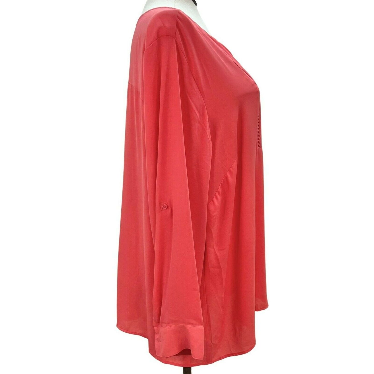 Lane Bryant 26/28 Peach Semi Sheer Crew V-Neck Blouse Roll Tab Sleeves