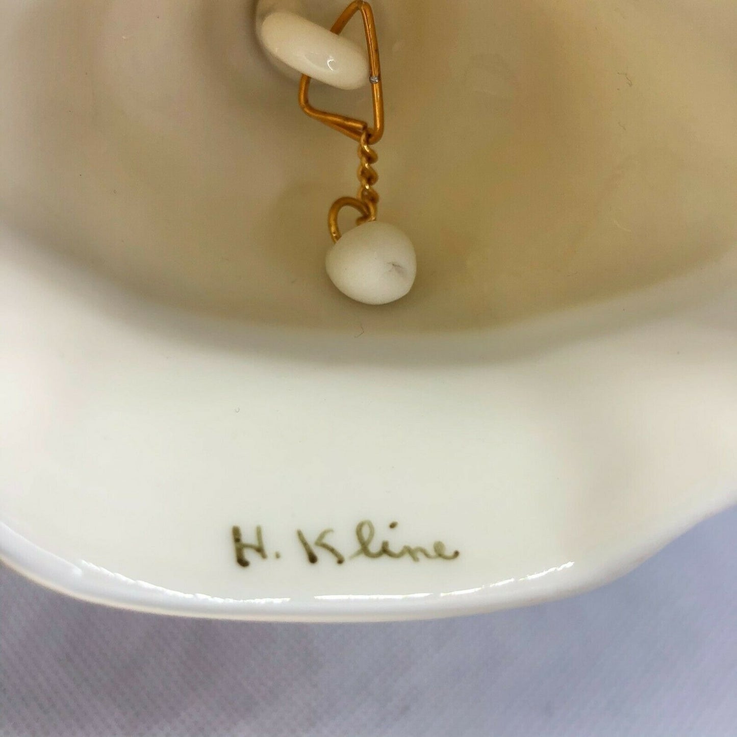 H Kline Porcelain Hand-Painted 5" Hand Bell Eggshell W Pink Rose Gold Accent EUC