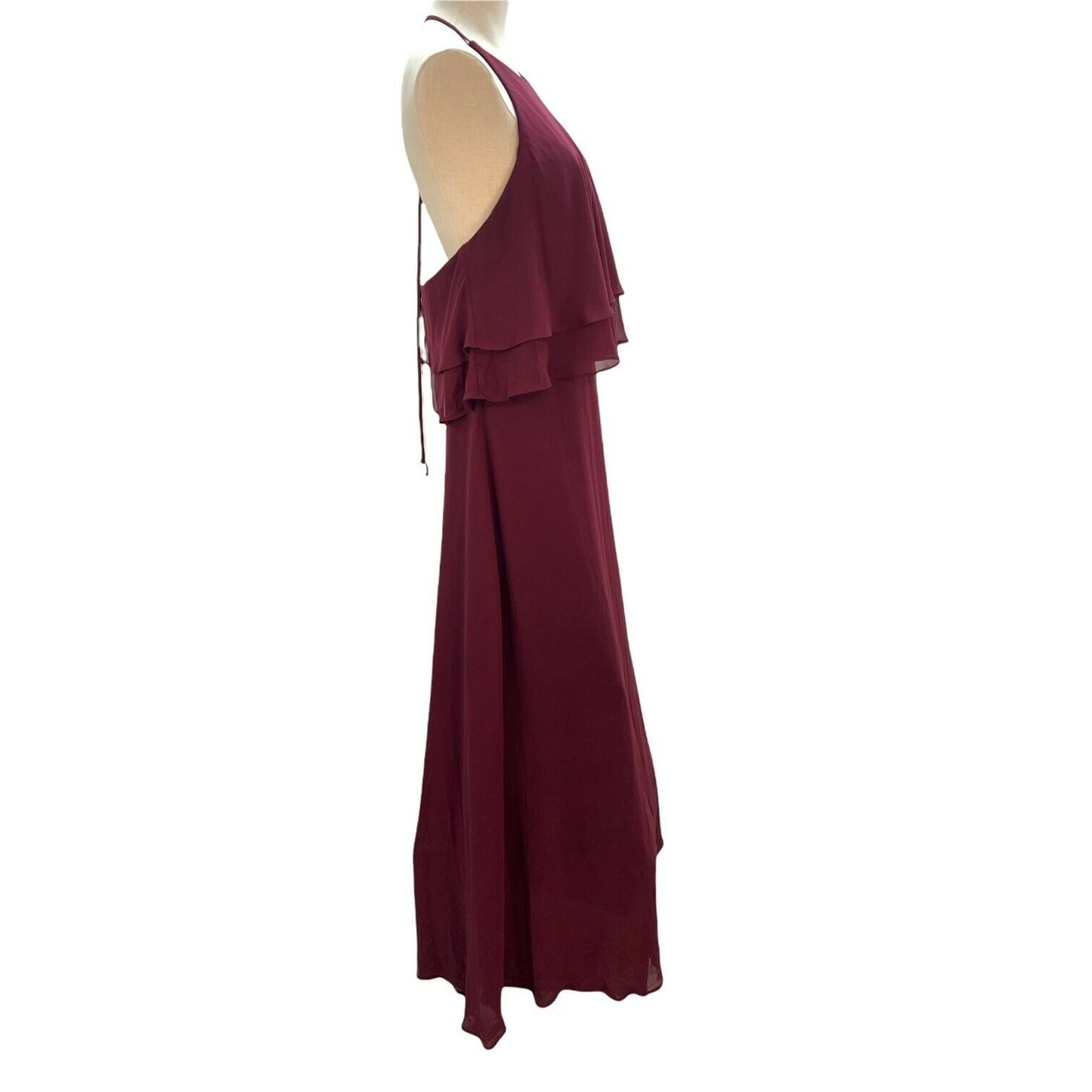 Reverie Burgundy Halter Maxi Dress Size 12 Double Tier Ruffle Overlay Open Back