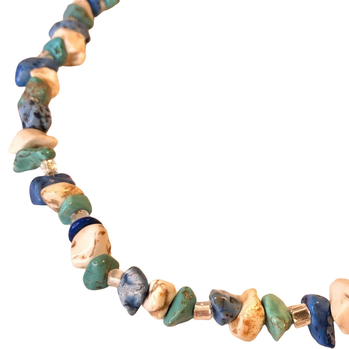 Handcrafted Necklace Beachy Stones Glass Beads Marbled Blues and White NEW