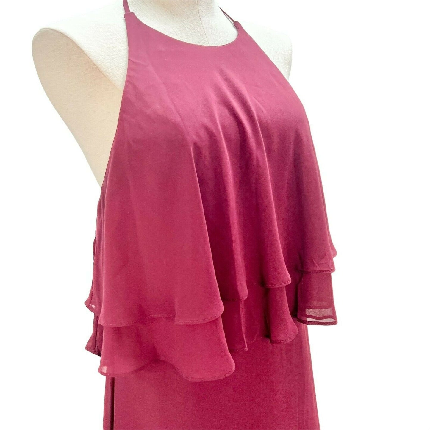 Reverie Burgundy Halter Maxi Dress Size 12 Double Tier Ruffle Overlay Open Back