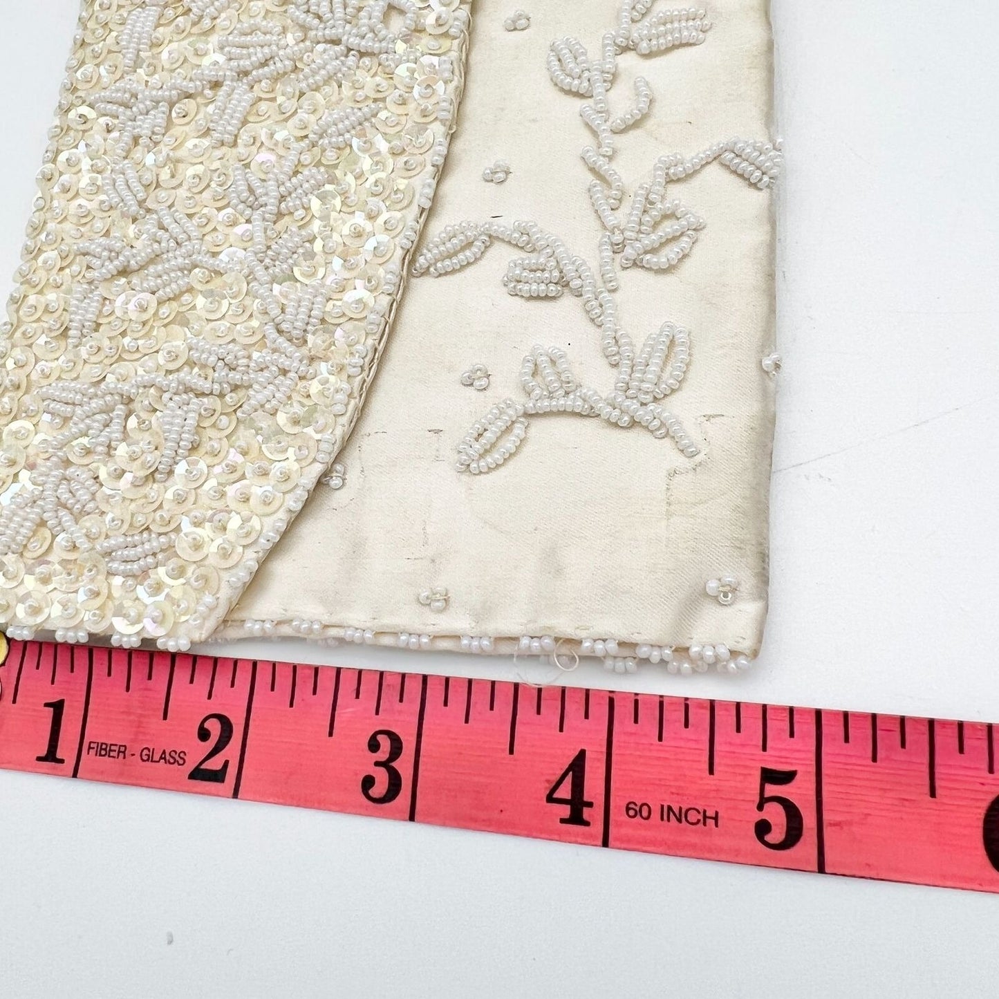 Vintage Purse Ivory 9.5 x 4.5 Clutch Hand Beaded Snap Closure Inside Pocket