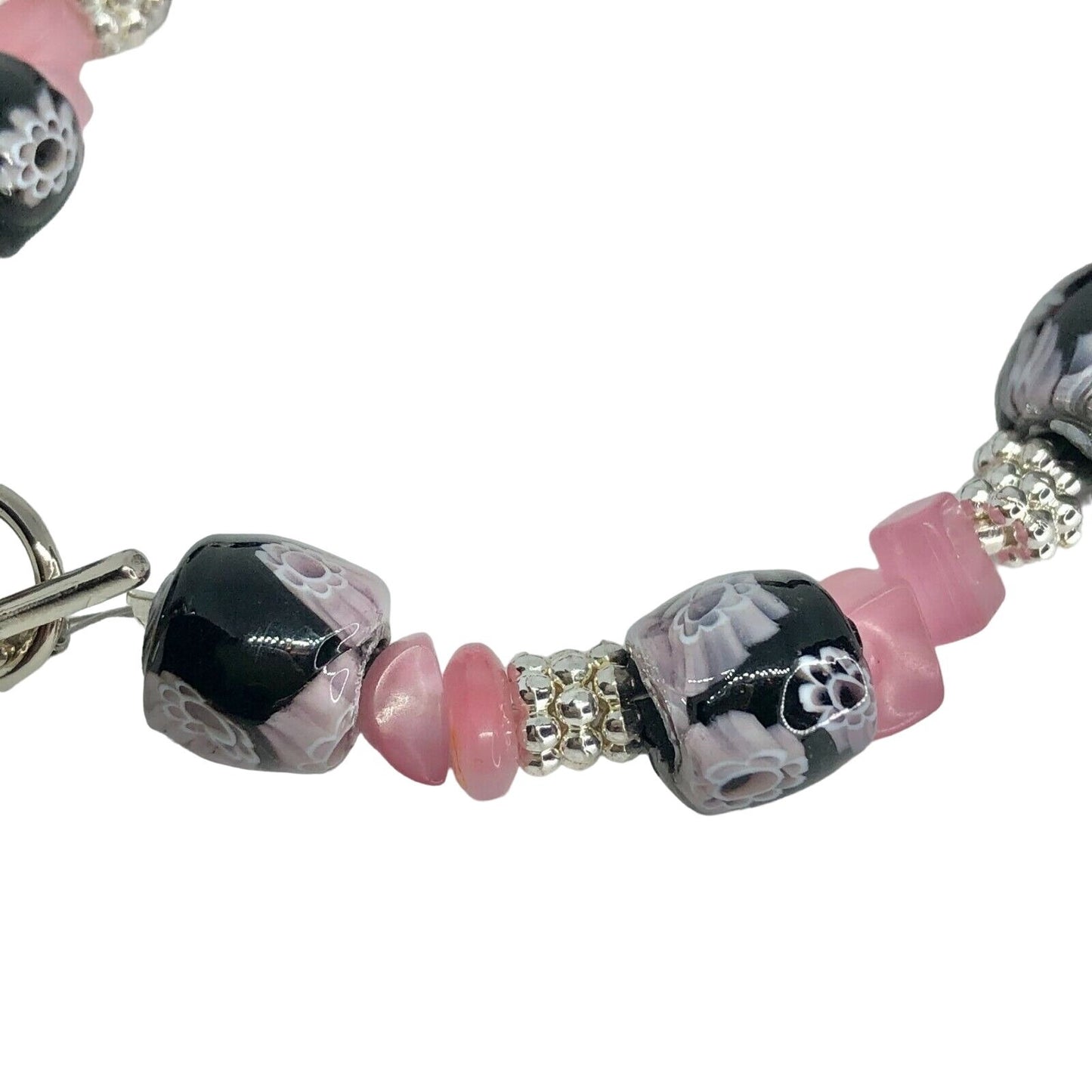 Handcrafted Beaded Bracelet Black Floral Pink Silver Beads Unique Fun NEW