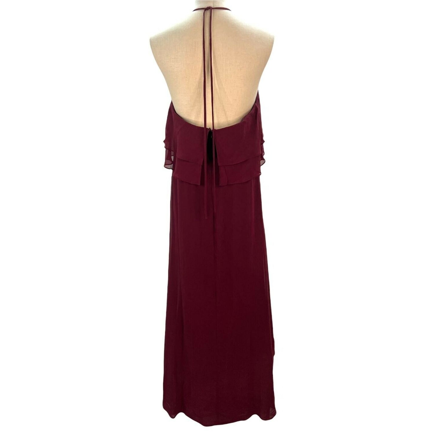 Reverie Burgundy Halter Maxi Dress Size 12 Double Tier Ruffle Overlay Open Back
