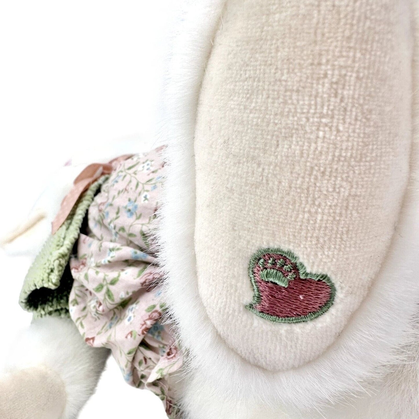 Stuffed Bunny 15 x 11 White Pink Flowered Jumper Bow Green Sweater NEW