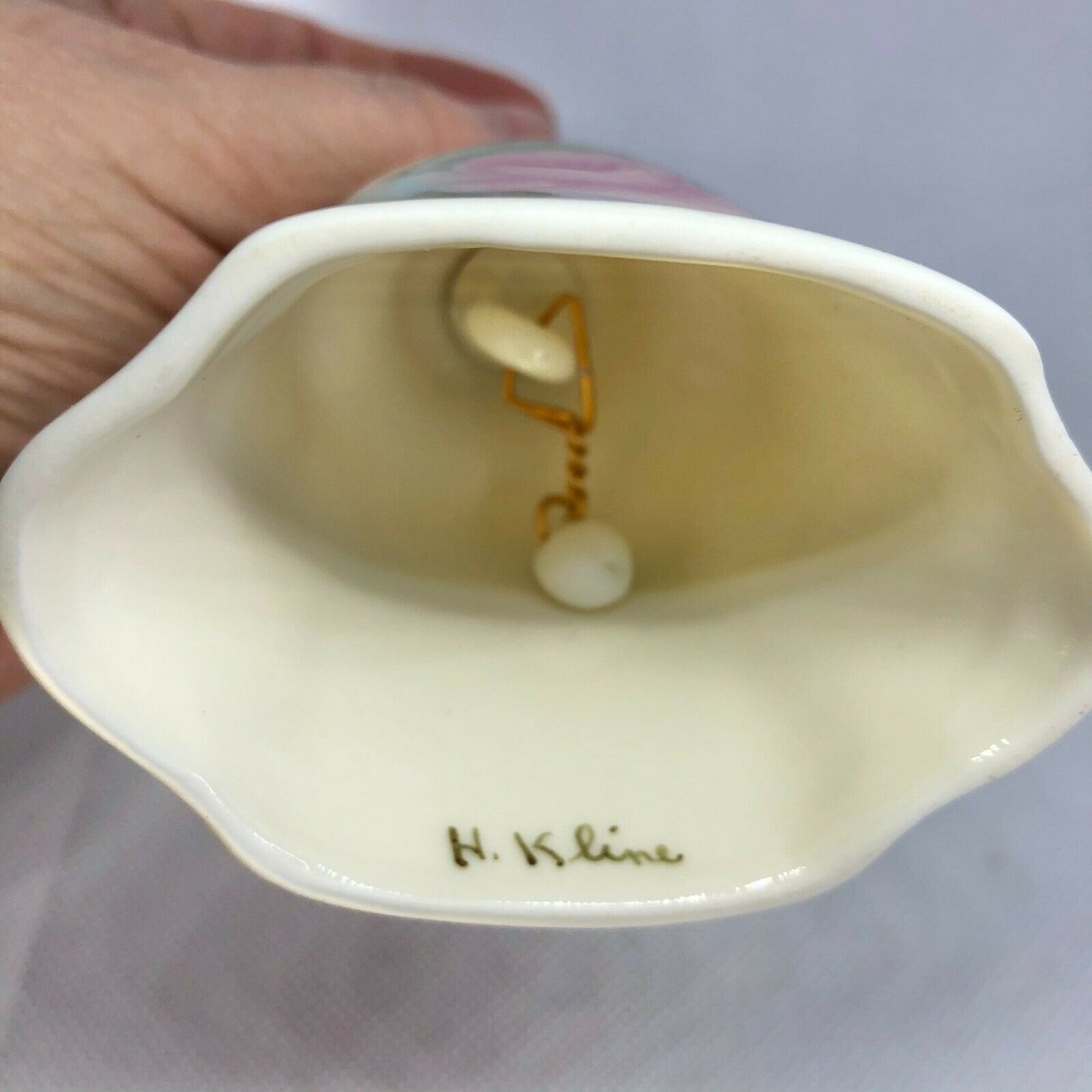H Kline Porcelain Hand-Painted 5" Hand Bell Eggshell W Pink Rose Gold Accent EUC