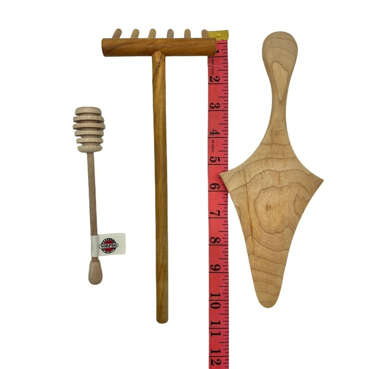 Trio of Wooden Kitchen and Household Tools Rake Honey Dipper Server