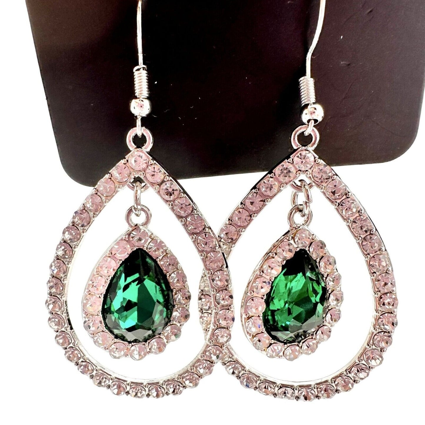 Paparazzi Pierced Earrings Silvertone Clear Green Rhinestones Teardrops NWT