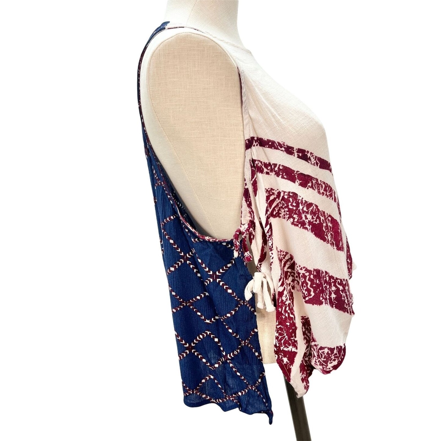 Free People Womens XS Ivory Blue Red Side Tie Tank Top Patriotic