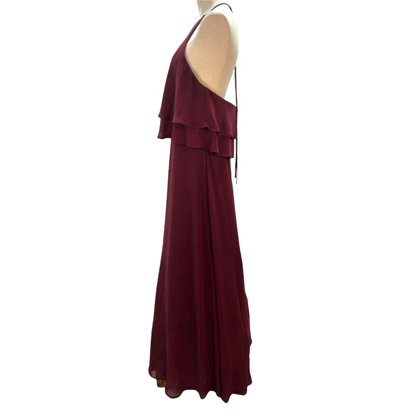 Reverie Burgundy Halter Maxi Dress Size 12 Double Tier Ruffle Overlay Open Back