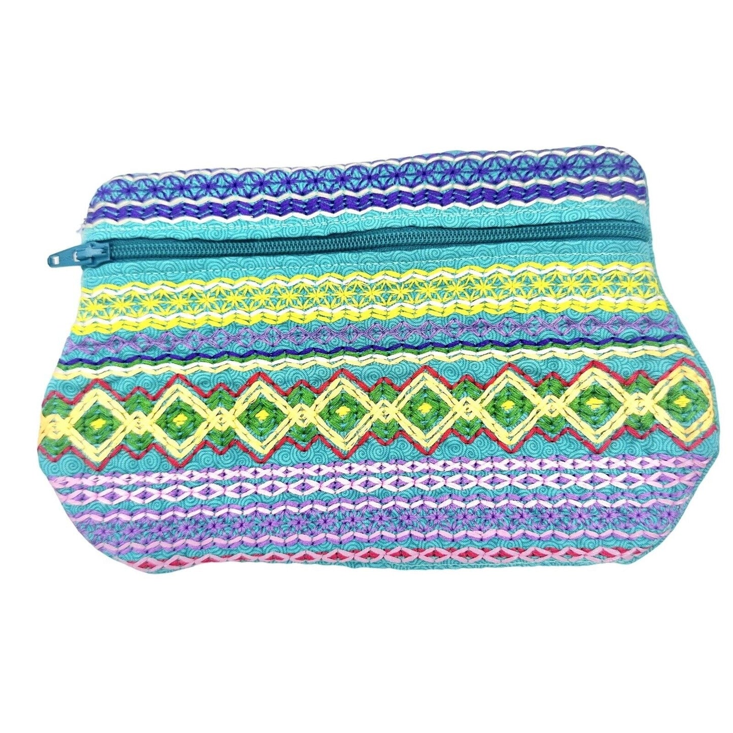 Tapestry Zipper Pouch 7.5 x 4.5 Green Multi Color Stitching NEW