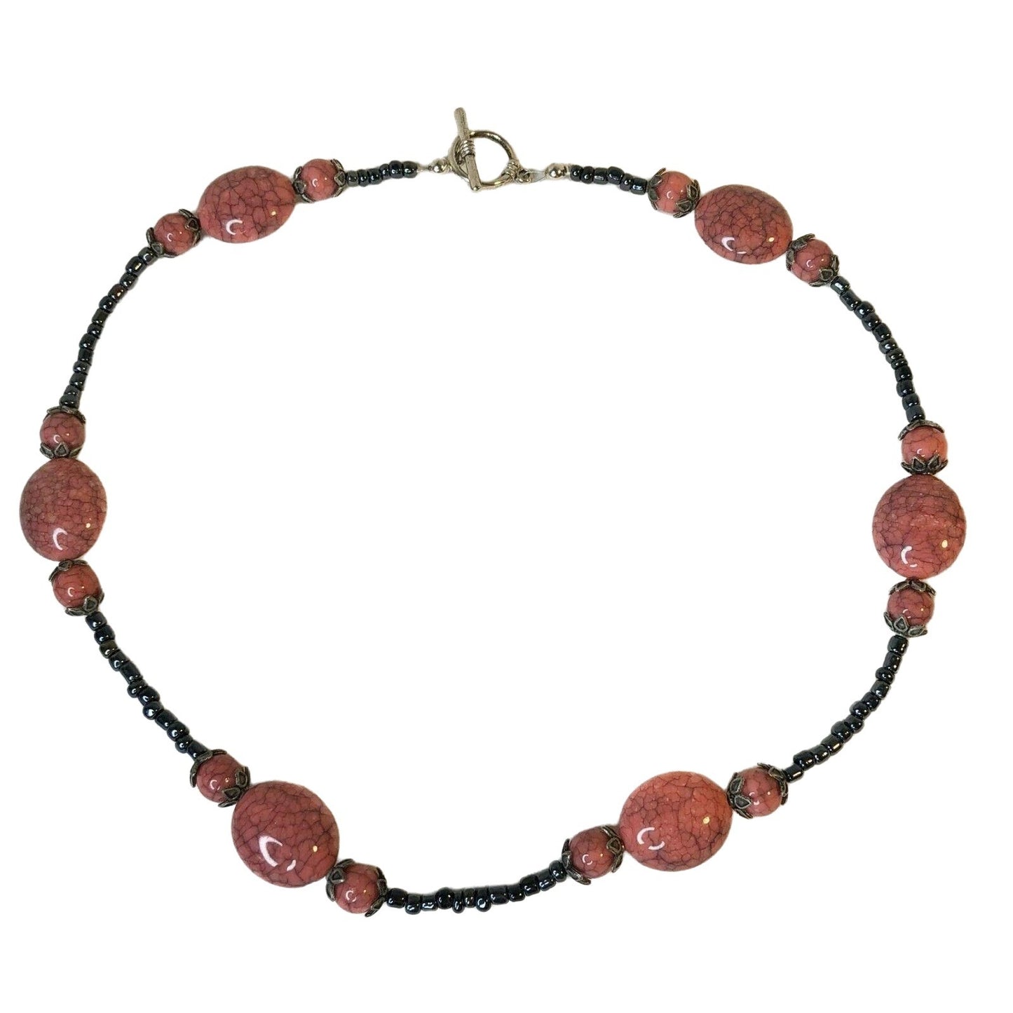 Handcrafted Necklace Mauve & Pewter Colored Beads Statement Beautiful NEW