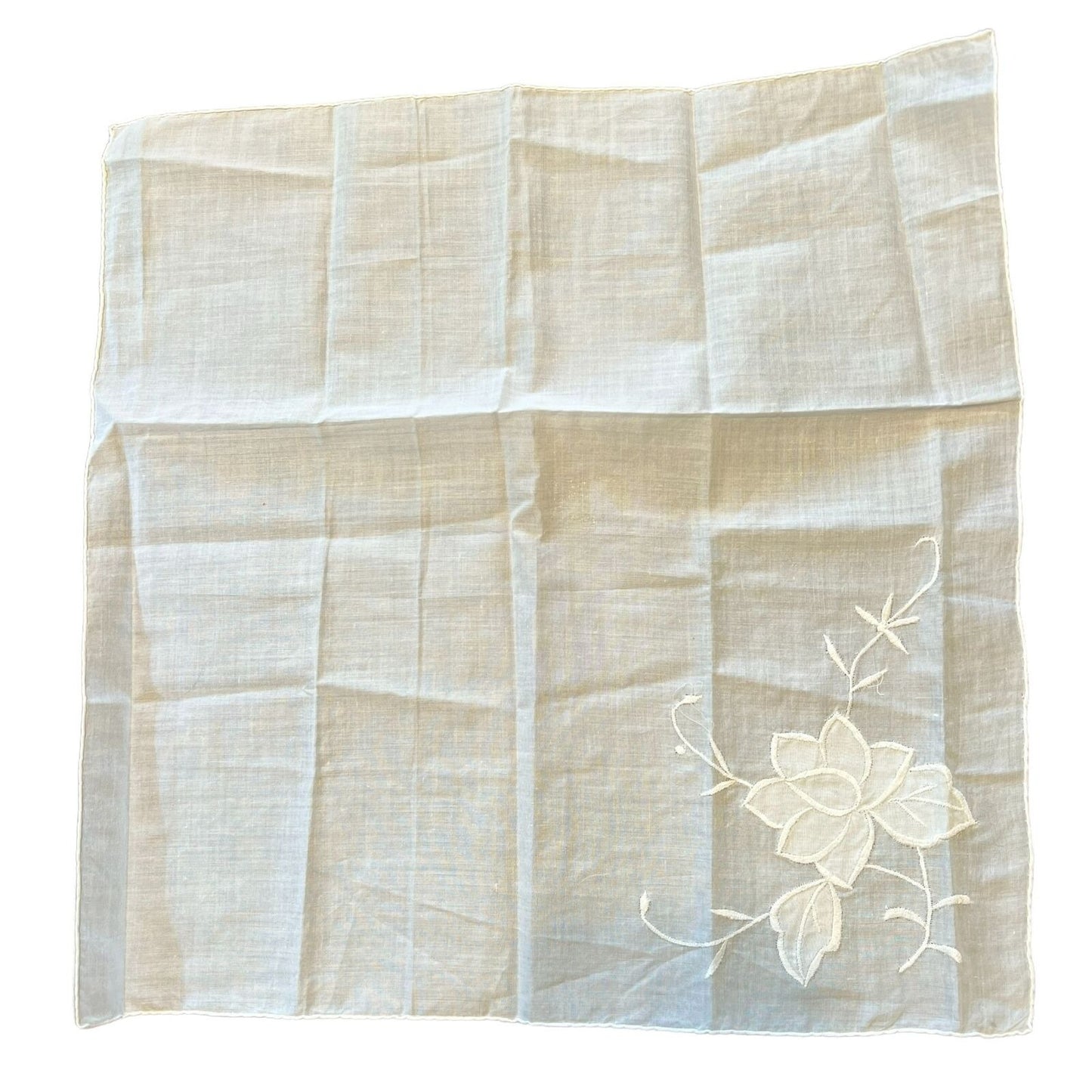 Vintage Linen Handkerchief Womens 14.5 x 14 Ivory Embroidered Flower